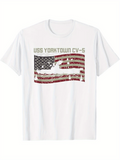 Men's T-Shirt USS Yorktown CV5 Distressed American Flag With Vintage Warship Under Stars