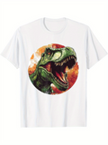 Men's T-Shirt Roaring Wild Green Dinosaur With Fiery Orange Sunlight Background
