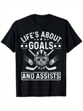 Men's T-Shirt Lifes About Goals And Assists With Hockey Helmet And Sticks Centered Graphic