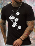 Men's T-Shirt Delicate White Blossoms With Thin Branches On Tranquil Black T Shirt Flower