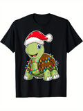 Men's T-Shirt Cute Turtle Wearing Santa Hat With Festive Holiday Lights Around Shell Turtle