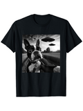 Men's T-Shirt Mysterious Fields Under Spaceships With A Surprised Boston Terrier Dog