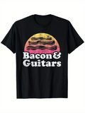 Men's T-Shirt Bacon And Guitars With Retro Sunrise And Crispy Bacon Strips