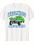 Men's T-Shirt Wrecking Season Cartoon Green Crashed Car With Blue Lettering Under Sunlight