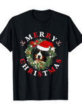 Men's T-Shirt Merry Christmas Holiday Wreath With Santa Hat And Dog Face