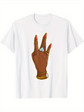 Men's T-Shirt Hand With Red Nails And Golden Jewelry On White Illustration