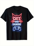 Men's T-Shirt Cats And Gaming Neon Lights With Cat Outline And Glowing Game Controller
