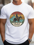 Men's T-Shirt Cowboy Riding Horse With Desert Mountains Under Sunset Skies
