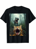 Men's T-Shirt Shocked Cat With Roaring Dinosaur In Misty Forest