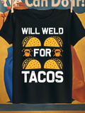 Men's T-Shirt Will Weld For Tacos Surrounded By Beer Mugs Yellow Taco Shell Graphics T Shirt