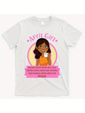 Women's T-Shirt April Girl With Smiling Girl Surrounded By Pink Badge Cartoon