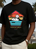 Men's T-Shirt Adventure Retro Geometric Sunset Mountains With Blue Striped Horizon Sun