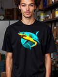 Men's T-Shirt Vibrant Ocean Glow With Fierce Shark And Radiant Blue Circles Shark