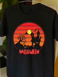 Men's T-Shirt Halloween Moon With Flying Witch Spooky Trees And Haunted Castle Scene