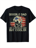 Men's T-Shirt Doodle Dad Patriotic Dog With American Flag Behind The Cute Fluffy Puppy