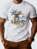 Men's T-Shirt Palm Trees With Thatched Beach Hut Among Sandy Shore Waves Hut