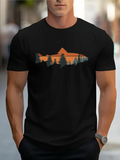 Men's T-Shirt Sunset Mountains And Pine Forest Reflected Within Silhouette Of Fish