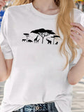 Women's T-Shirt Silhouetted Wildlife Among Acacia Trees On African Grassland Safari Scene
