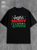 Men's T-Shirt Joyful Merry And Blessed Colorful Lettering With Decorative Snowflakes And Little Trees T Shirt