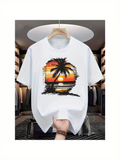 Men's T-Shirt Lazy Sunset Coloring The Calm Ocean With Falling Light Palm Tree