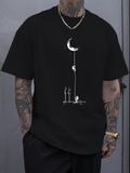 Men's T-Shirt Cat And Moon Among Trees Under Night Sky