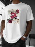 Men's T-Shirt Vintage Newspaper With Red Roses Printed On White Cotton T Shirt