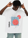 Men's T-Shirt Tokyo Modern Line Art With Red Sun Overlapping Blue Square Leaf