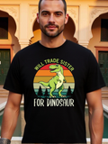 Men's T-Shirt Will Trade Sister For Dinosaur Retro Sunset Forest With Green Dinosaur