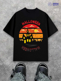 Men's T-Shirt Halloween Haunted House With Sunset And Flying Bats Silhouette