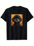 Men's T-Shirt Vivid Flowers On Orange Background Framing A Shaggy Little Dog