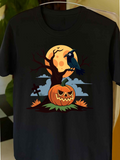 Men's T-Shirt Glowing Moonlight With Crow On Pumpkin And Bare Trees