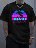 Men's T-Shirt Miami Beach Neon Sunset With Palm Silhouette And Retro Gradient Circle