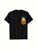 Men's T-Shirt Halloween Ghost Floating With Crescent Moon Over Orange Pumpkin Pocket