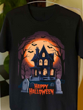 Men's T-Shirt Happy Halloween Haunted House With Bats And Tombstones Under Full Moon