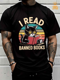 Men's T-Shirt I Read Banned Books Retro Sun With Black Cat Reading Book