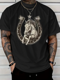 Men's T-Shirt Galloping Horse Surrounded By Bold Metallic Horseshoe Pattern
