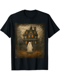 Men's T-Shirt Eerie Haunted Mansion Looming Under Moonlight With Ghostly White Spirit