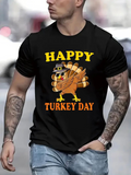 Men's T-Shirt Happy Turkey Day Cartoon Pilgrim Turkey With Festive Feathers Wearing Hat