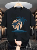 Men's T-Shirt Golden Sunset Reflections With Blue Palms And Tranquil Island