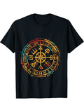 Men's T-Shirt Ancient Norse Symbols In Fiery Colors Surrounding Magical Compass