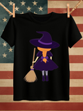 Men's T-Shirt Whimsical Halloween Night With Purple Dress Holding Broom Cartoon Witch