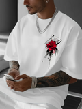 Men's T-Shirt Dripping Ink Strokes With Vivid Red Rose Blooming Flower