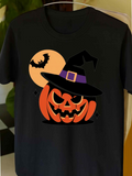Men's T-Shirt Glowing Harvest Moon With Witch Hat Wearing Smiling Pumpkin