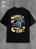 Men's T-Shirt Where Is My Car Playful Cartoon UFO Abducting Classic Sedan Under Night Sky