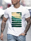 Men's T-Shirt Abstract Green Sunrise Landscape With Silhouetted Birds Across Brushstroke Stripes