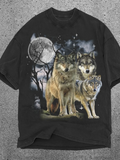 Men's T-Shirt Full Moon Misty Night With Trees And Three Wolves