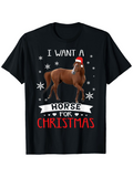 Men's T-Shirt I Want A Horse For Christmas With Snowflakes Santa Hat Festive Lights And Brown Horse