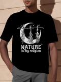 Men's T-Shirt Nature Is My Religion Hanging Feathers Under Crescent Moon Dreamcatcher