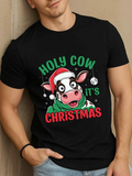 Men's T-Shirt Holy Cow With Christmas Hat Green Scarf Festive Snowflake Decorations Cow