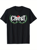 Men's T-Shirt Chest Christmas Wreaths With Santa Hat Accents Black T Shirt